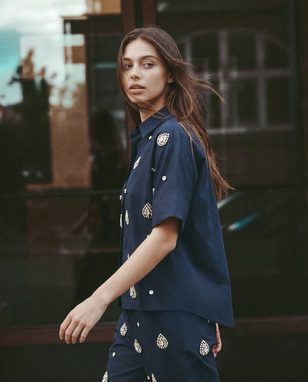 Navy Crystal-Embellished Oversized Shirt