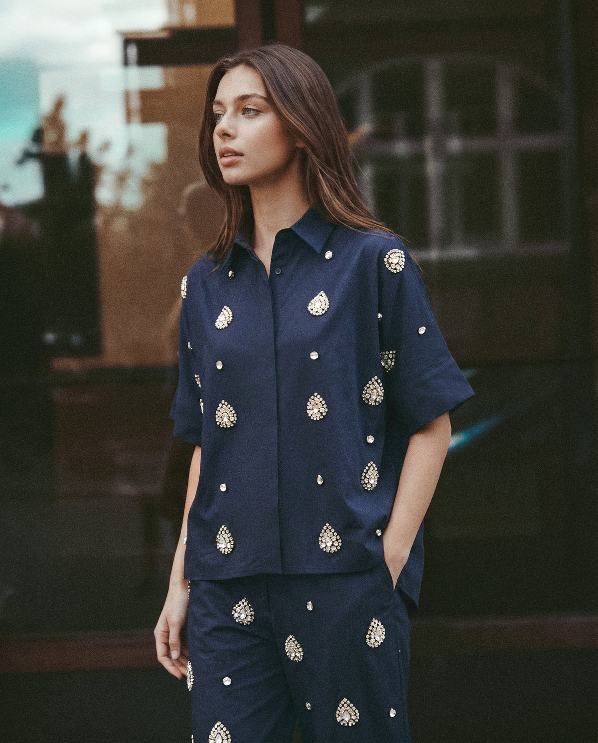 Navy Crystal-Embellished Oversized Shirt