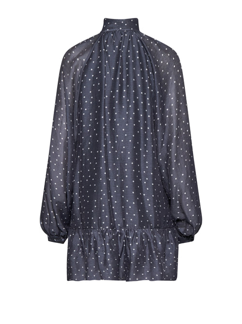 Navy Polka Dot Bow-Neck Peplum Dress