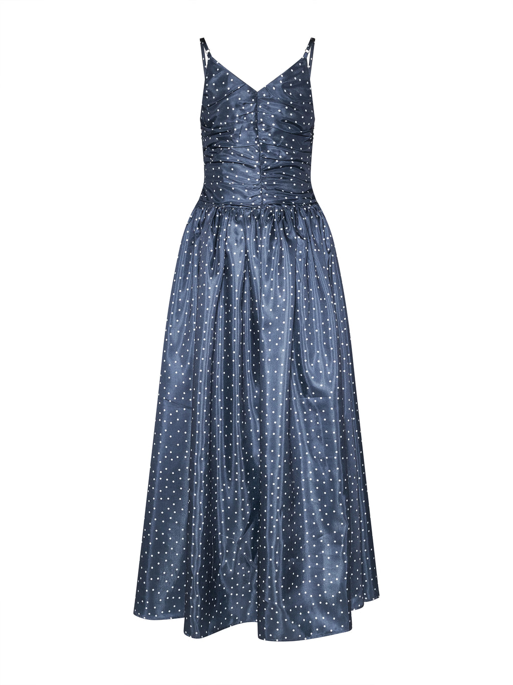 Navy Polka Dot Ruched Bodice Gown