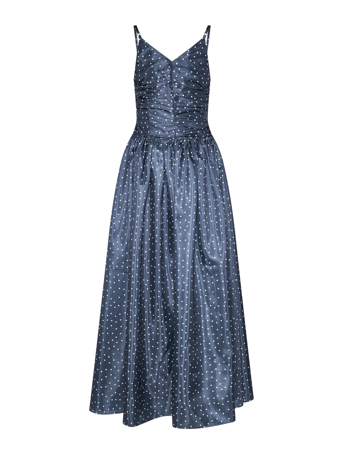 Navy Polka Dot Ruched Bodice Gown
