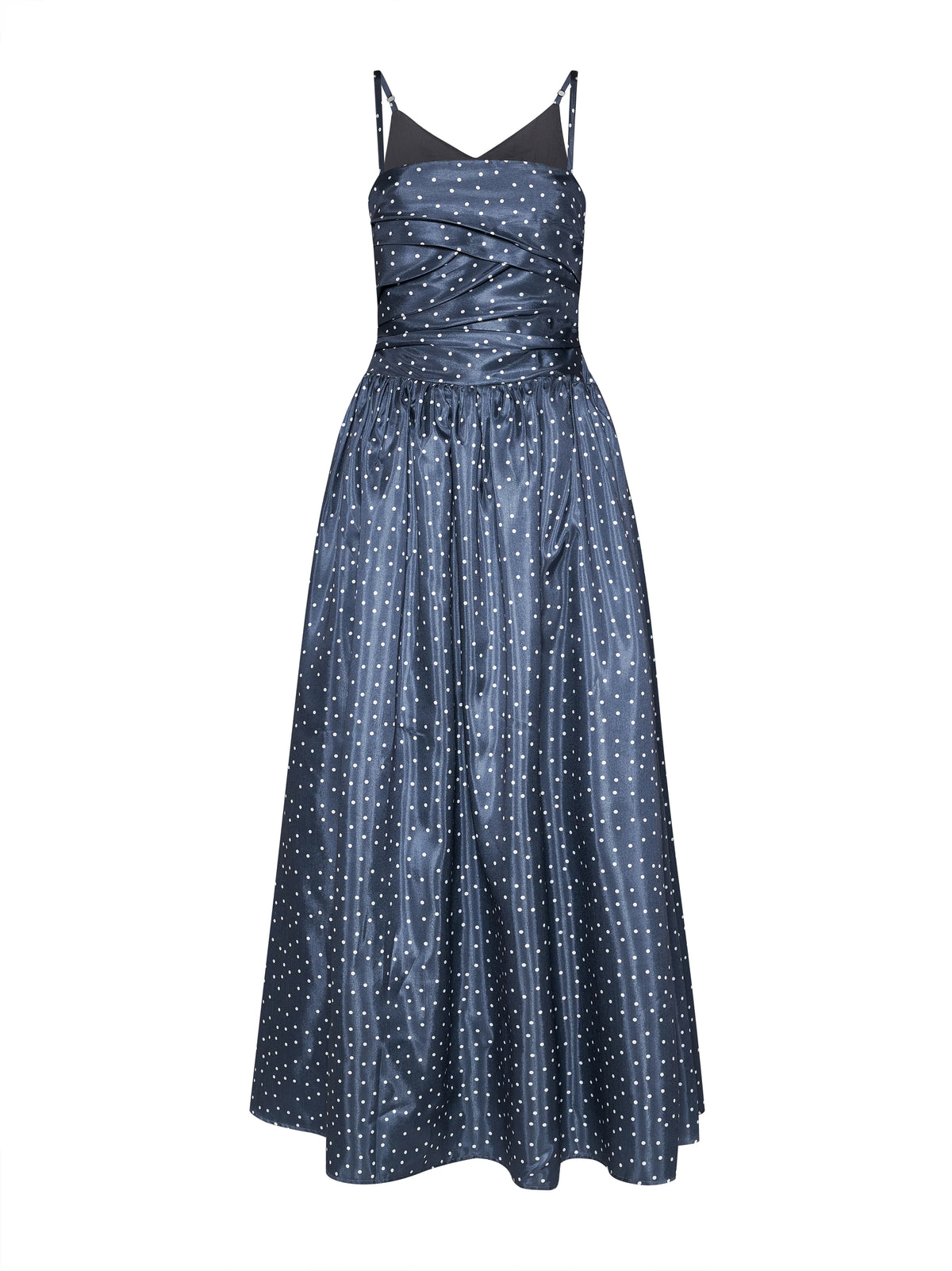 Navy Polka Dot Ruched Bodice Gown