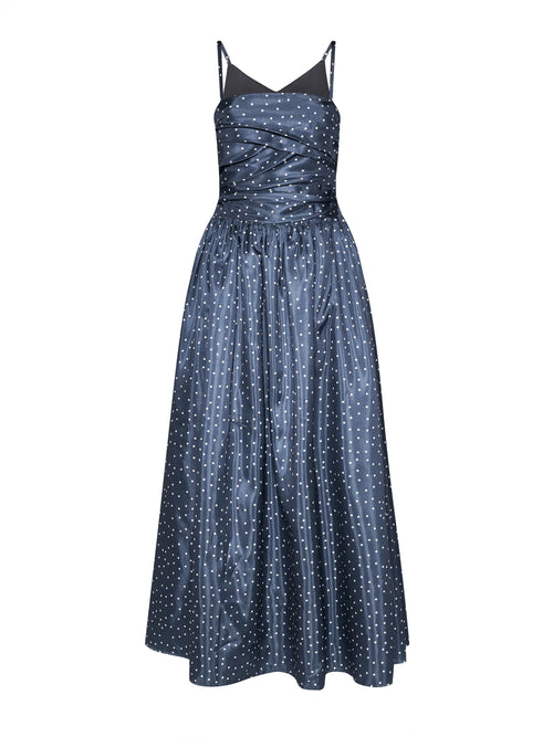 Navy Polka Dot Ruched Bodice Gown