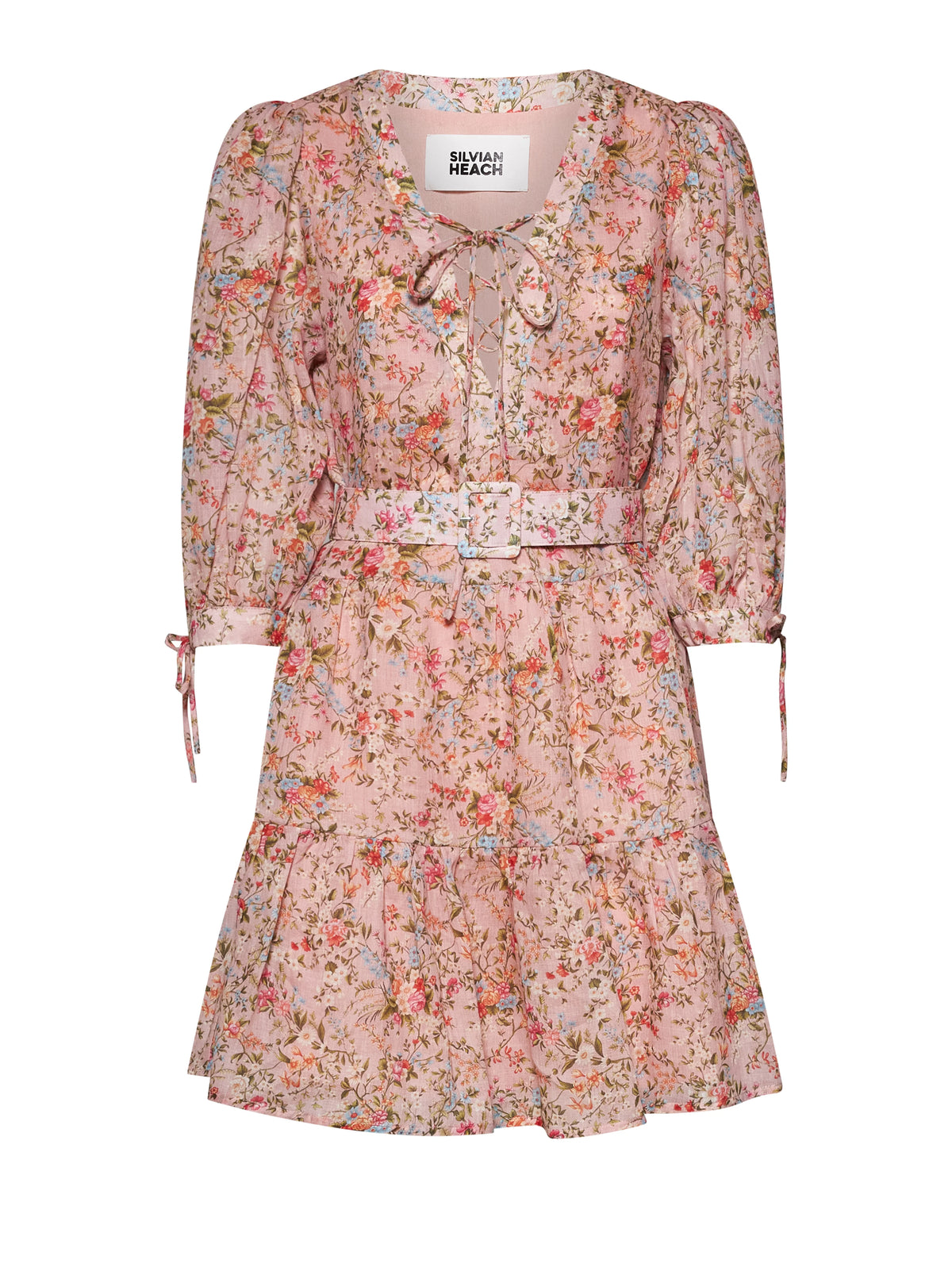 Blush Floral Tie-Neck Belted Dress