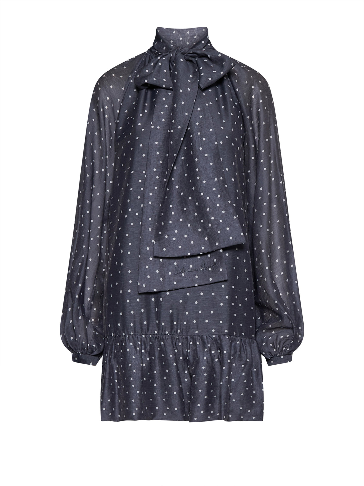 Navy Polka Dot Bow-Neck Peplum Dress